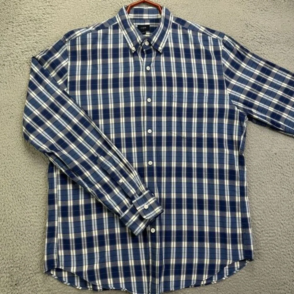J Crew Button Down Shirt Adult Large Blue White Plaid Long Sleeve Pocket Mens